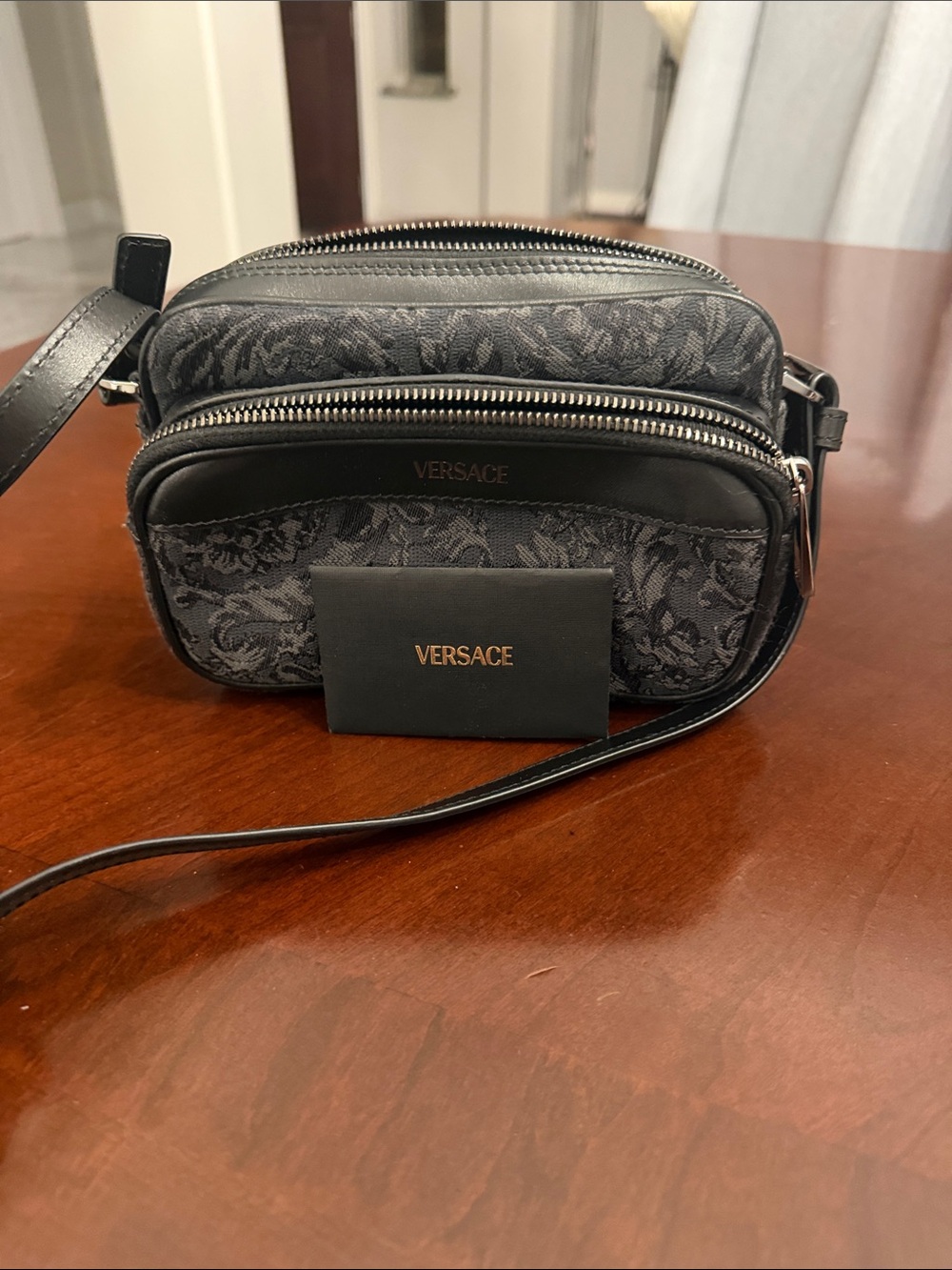 Versace Black Jacquard Belt/Crossbody Bag with Leather Trim
